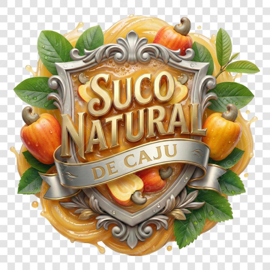 Selo 3D Suco Natural de Caju Metalizado Dourado PNG Transparente