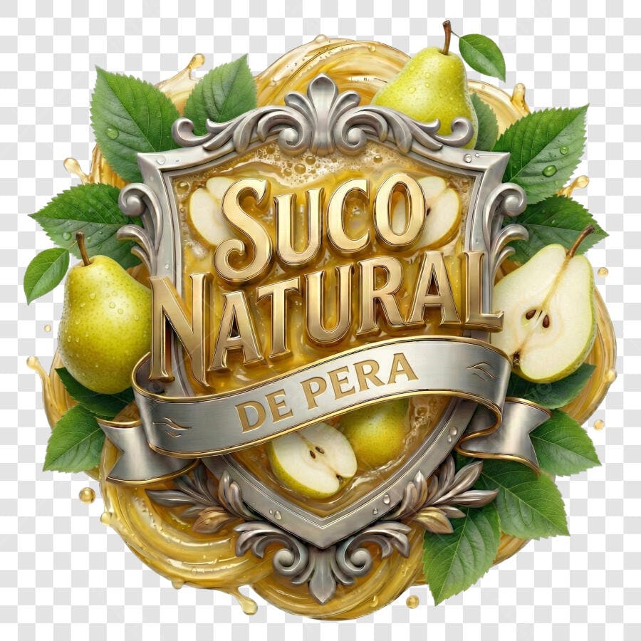 Selo 3D Suco Natural de Pera Metalizado Dourado PNG Transparente