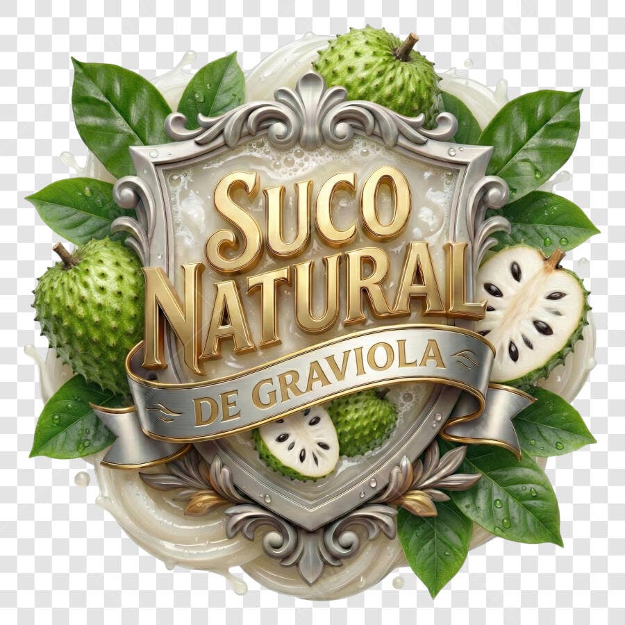 Selo 3D Suco Natural Graviola Metalizado Dourado PNG Transparente