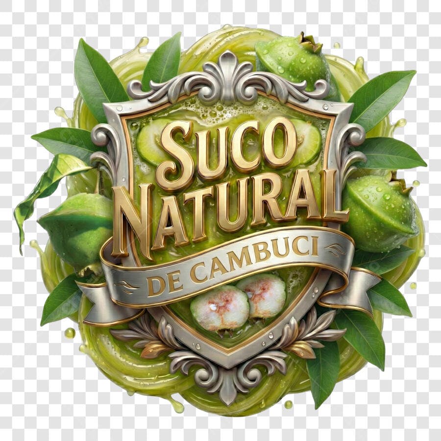 Selo 3D Suco Natural Cambuci Escudo Dourado PNG Transparente