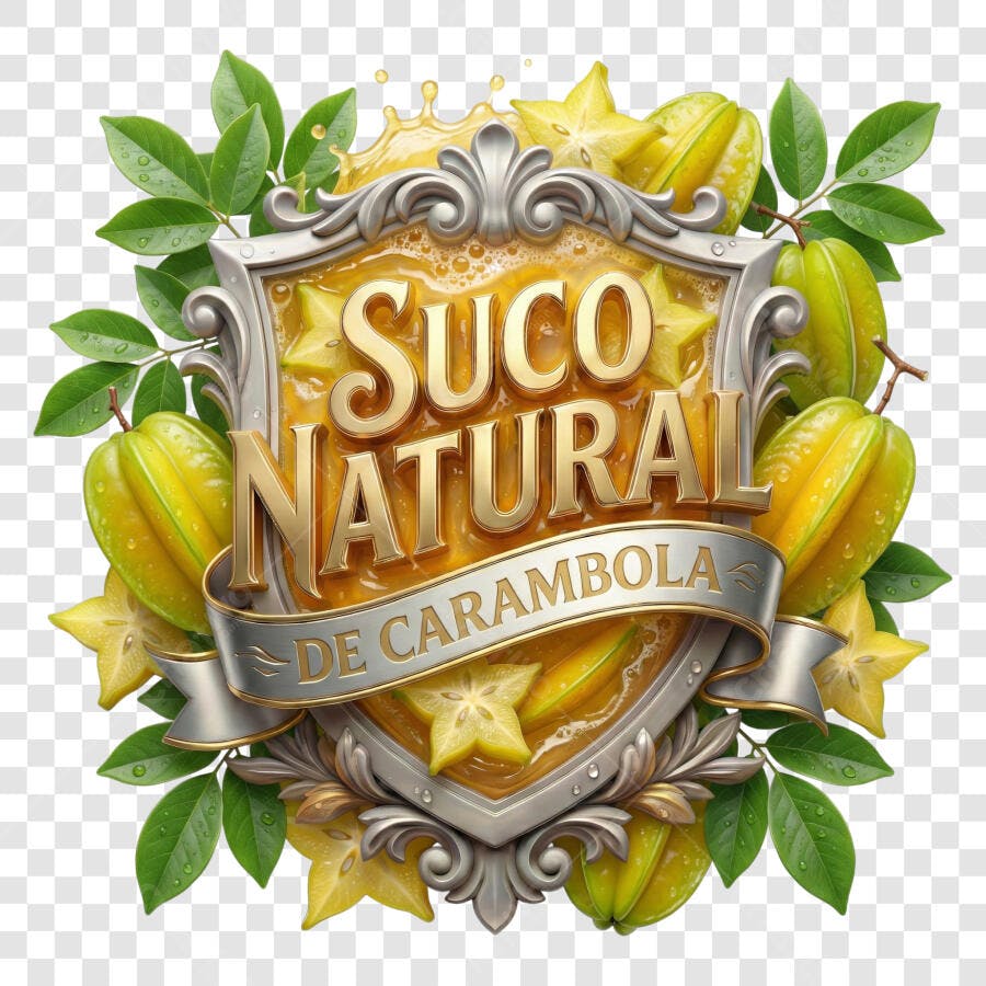 Selo 3D Suco Natural Carambola Metalizado Dourado Prata PNG Transparente