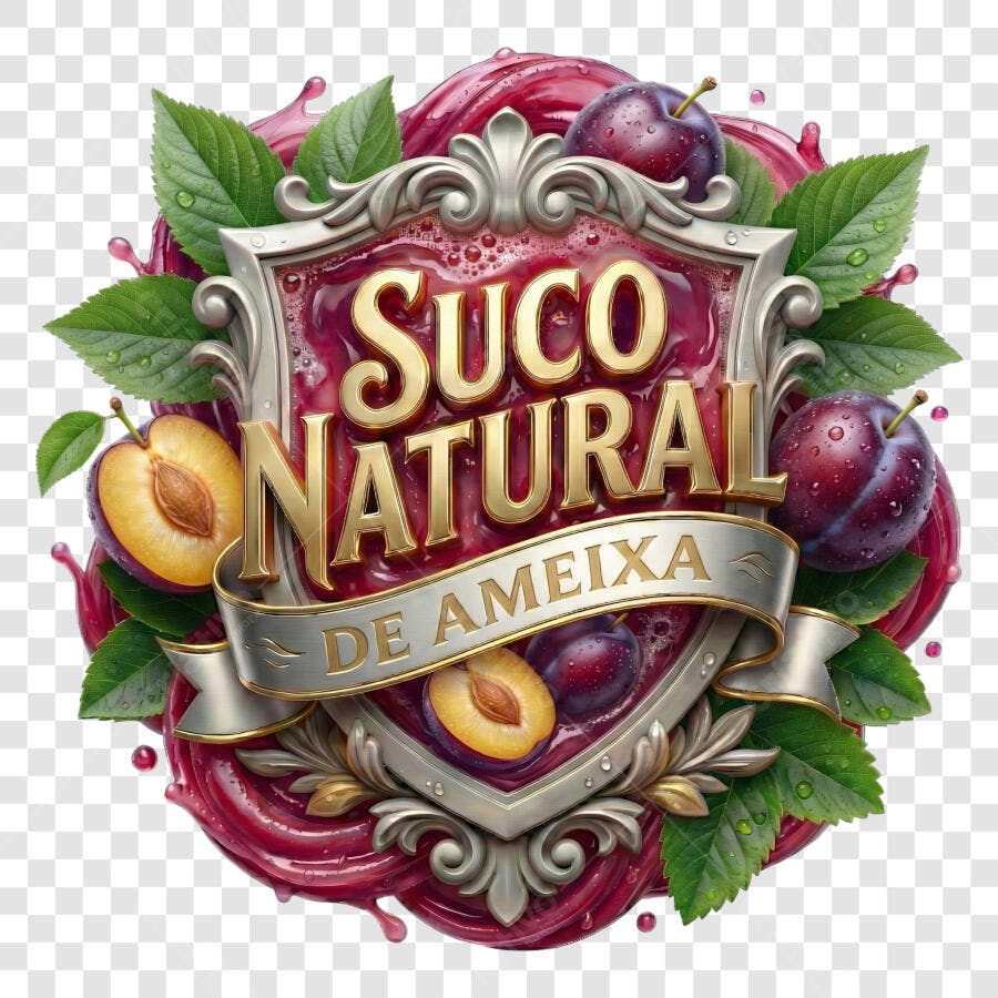 Selo 3D Suco Natural de Ameixa Metalizado Dourado PNG Transparente