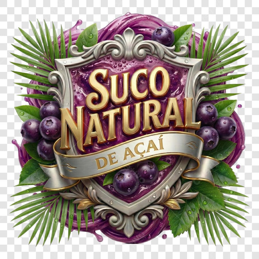 Selo 3D Suco Natural Açaí Escudo Dourado PNG Transparente