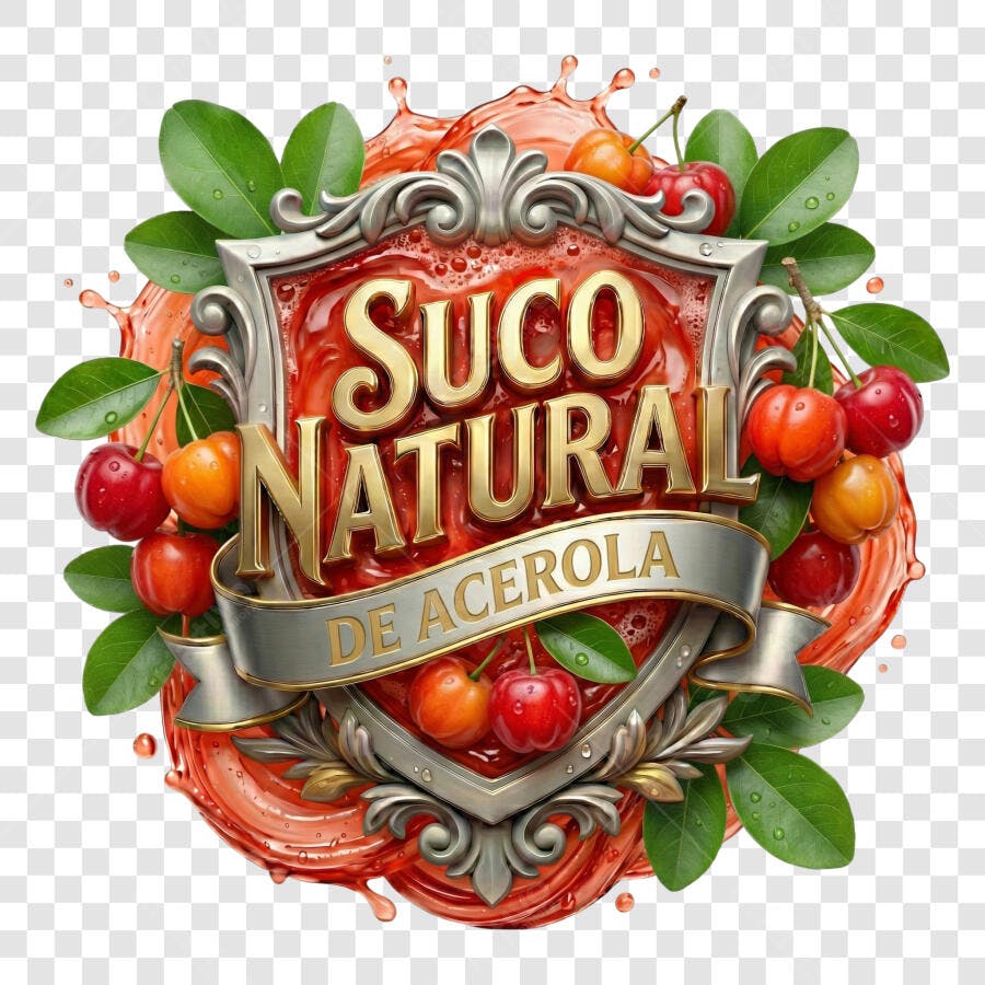 Selo 3D Suco Natural Acerola Metalizado Prata Vermelho PNG
