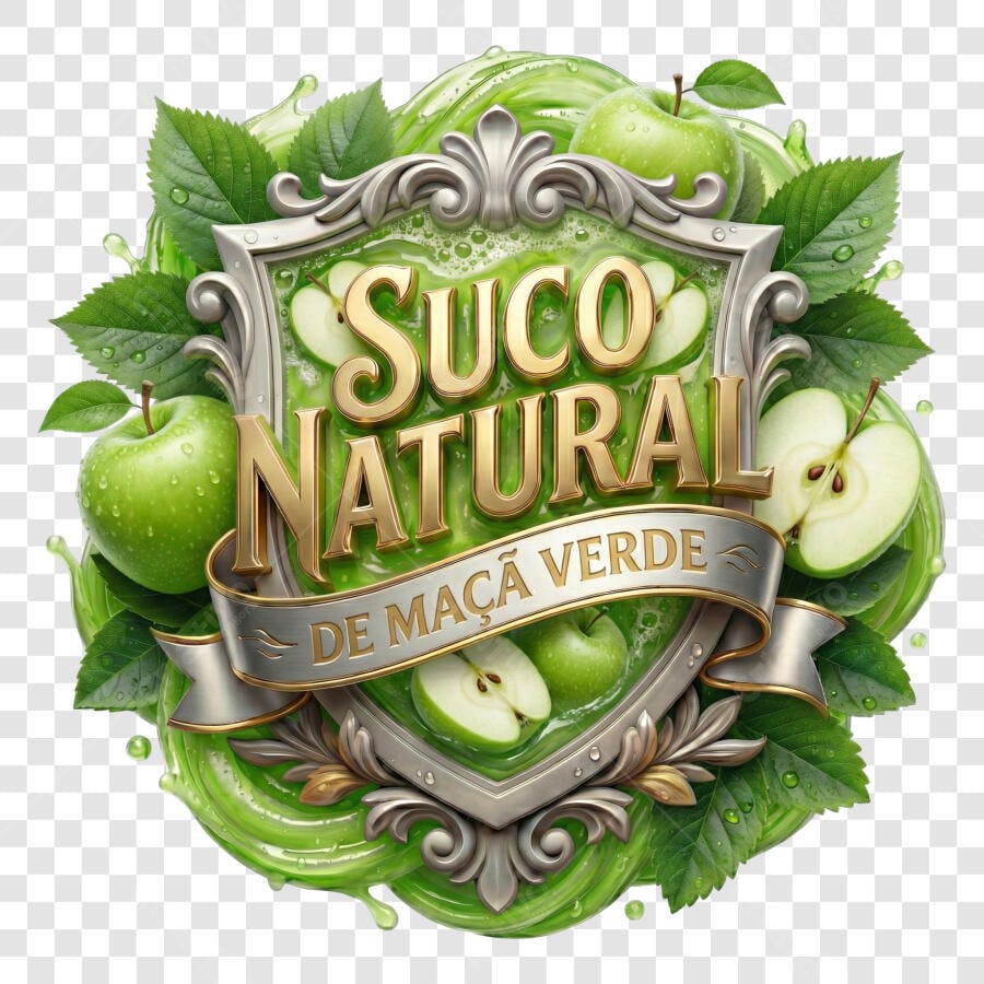 Selo 3D Suco Natural Maçã Verde Metalizado PNG Transparente