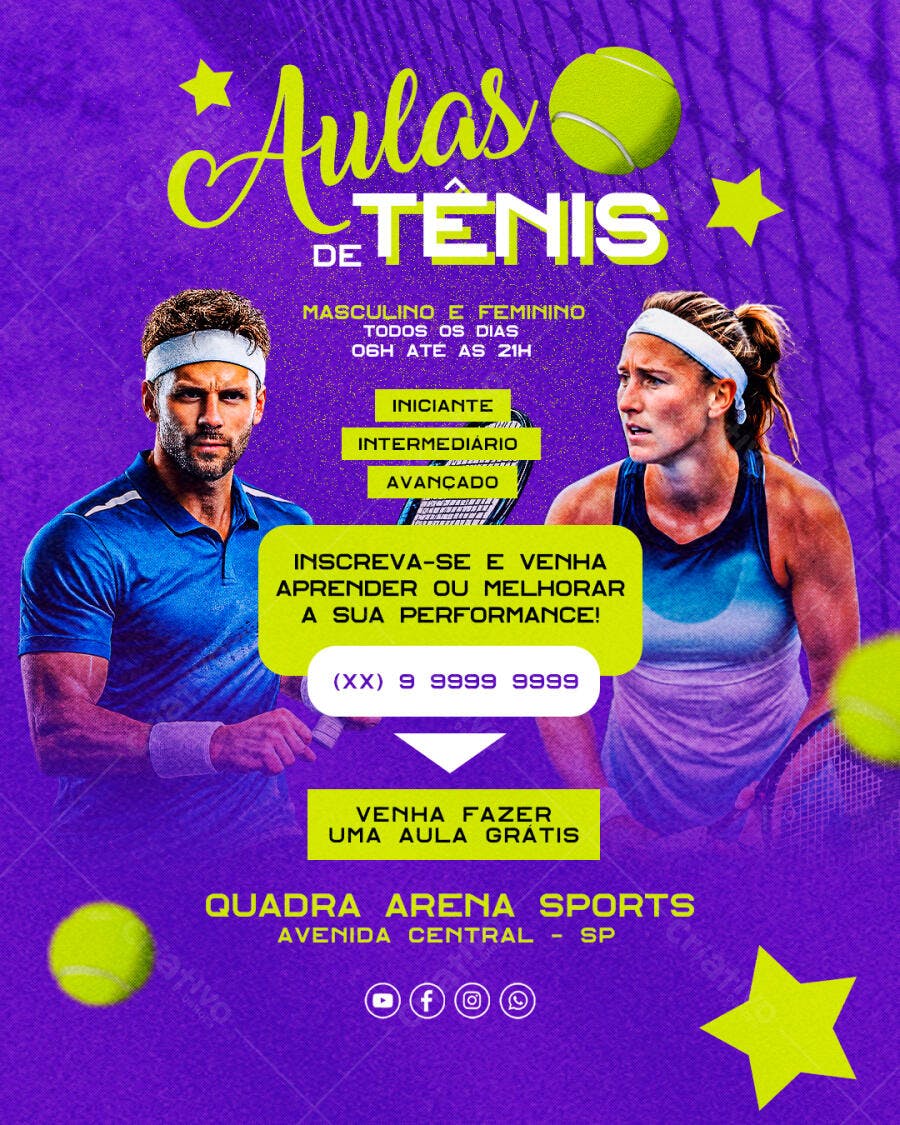 Flyer Aulas de Tênis Academia Esportes PSD Editável