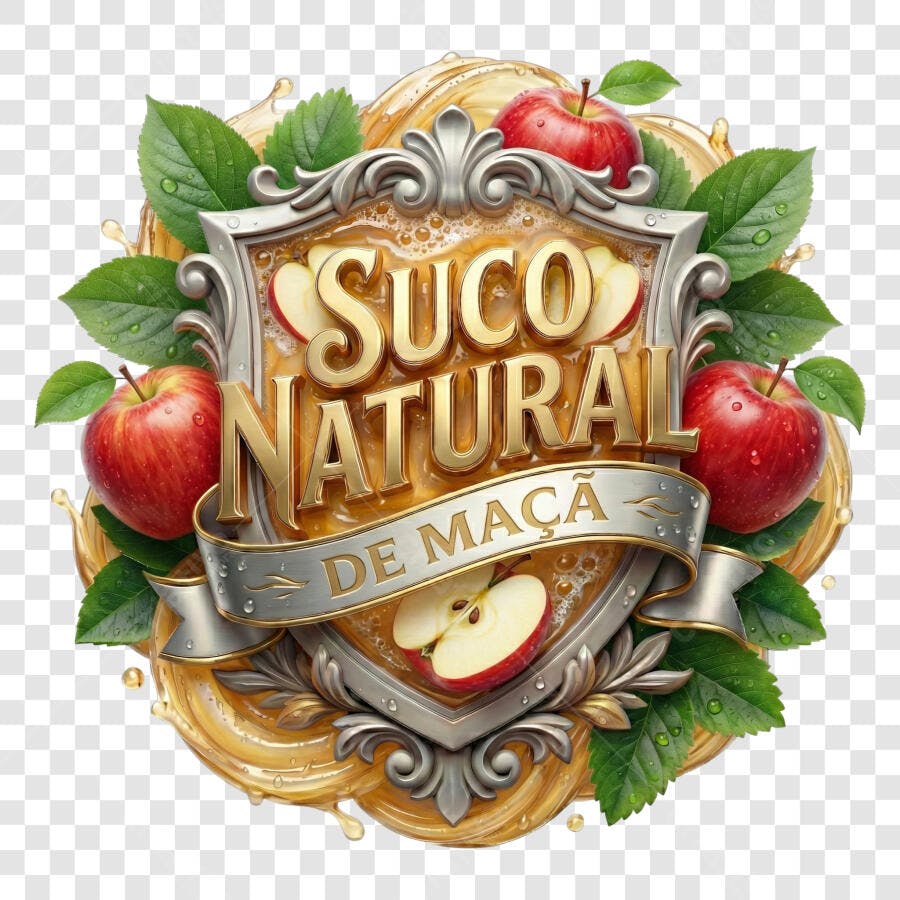 Selo 3D Suco Natural de Maçã Metalizado Dourado PNG Transparente