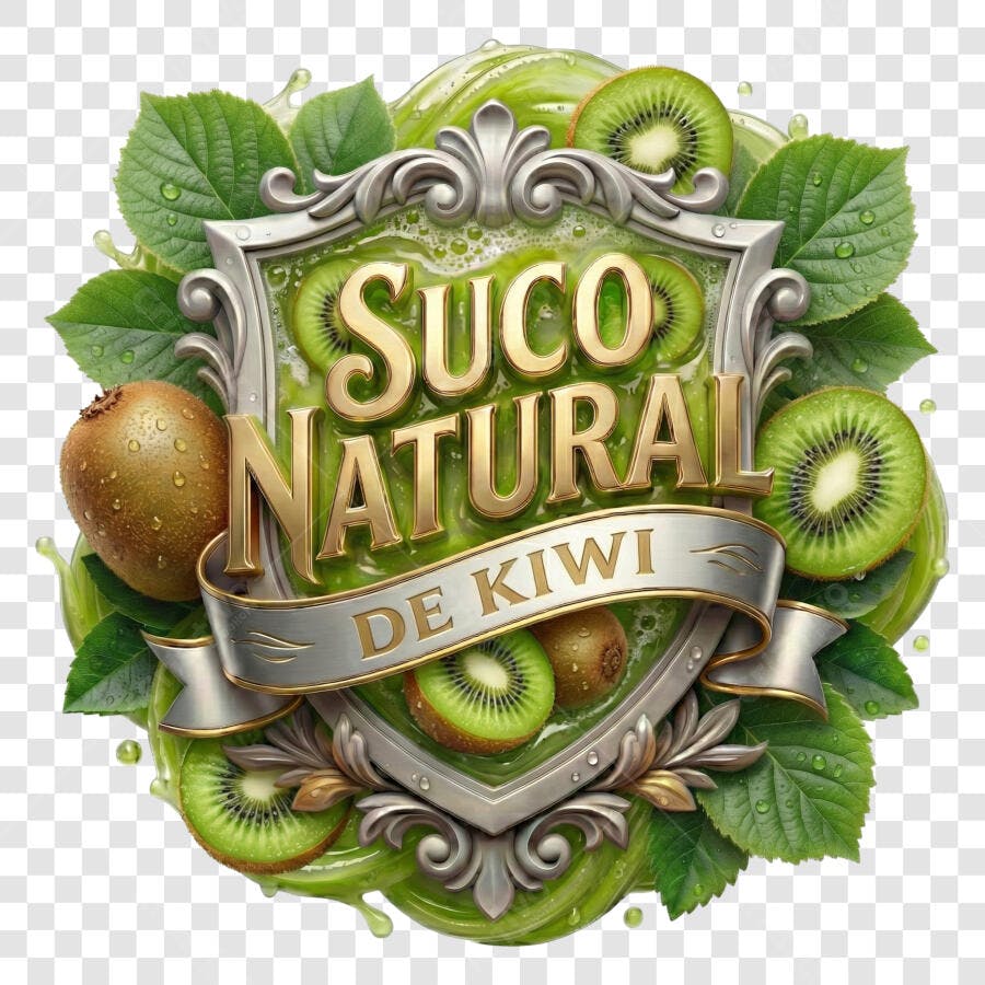 Selo 3D Suco Natural Kiwi Metalizado Prata Dourado PNG Transparente