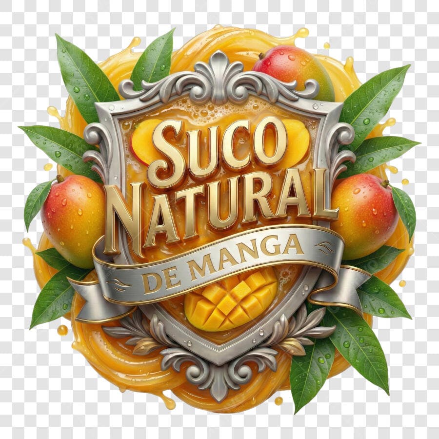Selo 3D Suco Natural de Manga Metalizado Prata Dourado PNG Transparente