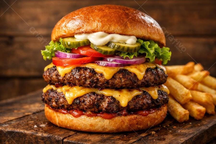 Um Delicioso Hambúrguer Suculento e batata frita