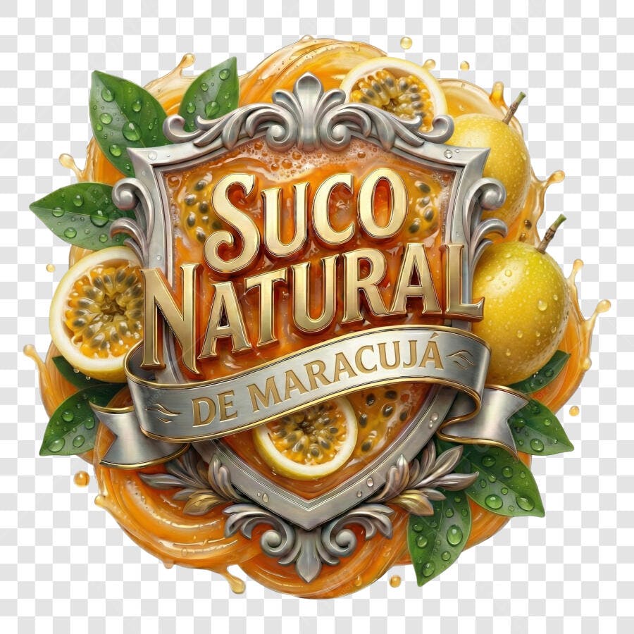 Selo 3D Suco Natural Maracujá Metalizado Dourado Prata PNG