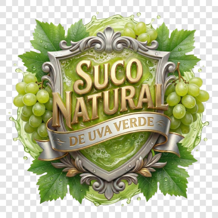 Selo 3D Suco Natural Uva Verde Escudo Metalizado Prata Dourado PNG