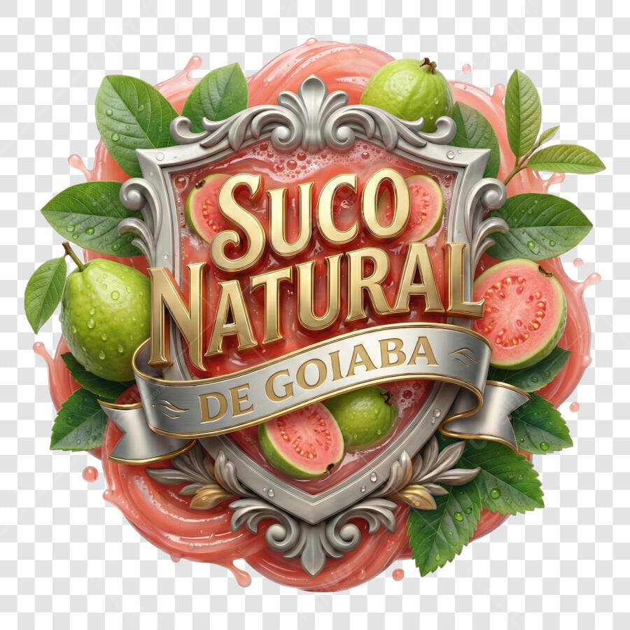 Selo 3D Suco Natural Goiaba Escudo Metalizado Prata Dourado PNG