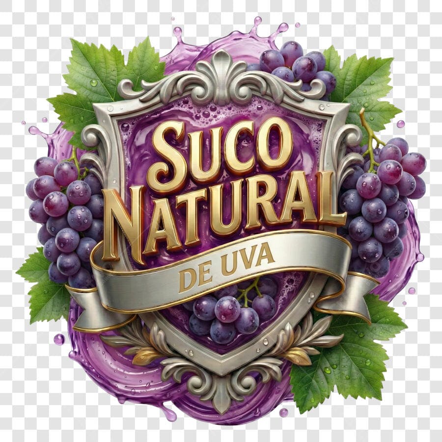 Selo 3D Suco Natural de Uva Dourado e Roxo PNG Transparente
