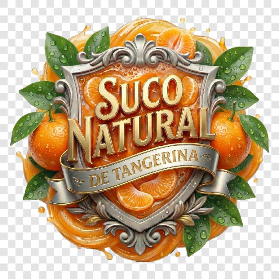 Selo 3D Suco Natural Tangerina Escudo Prata Dourado PNG Transparente