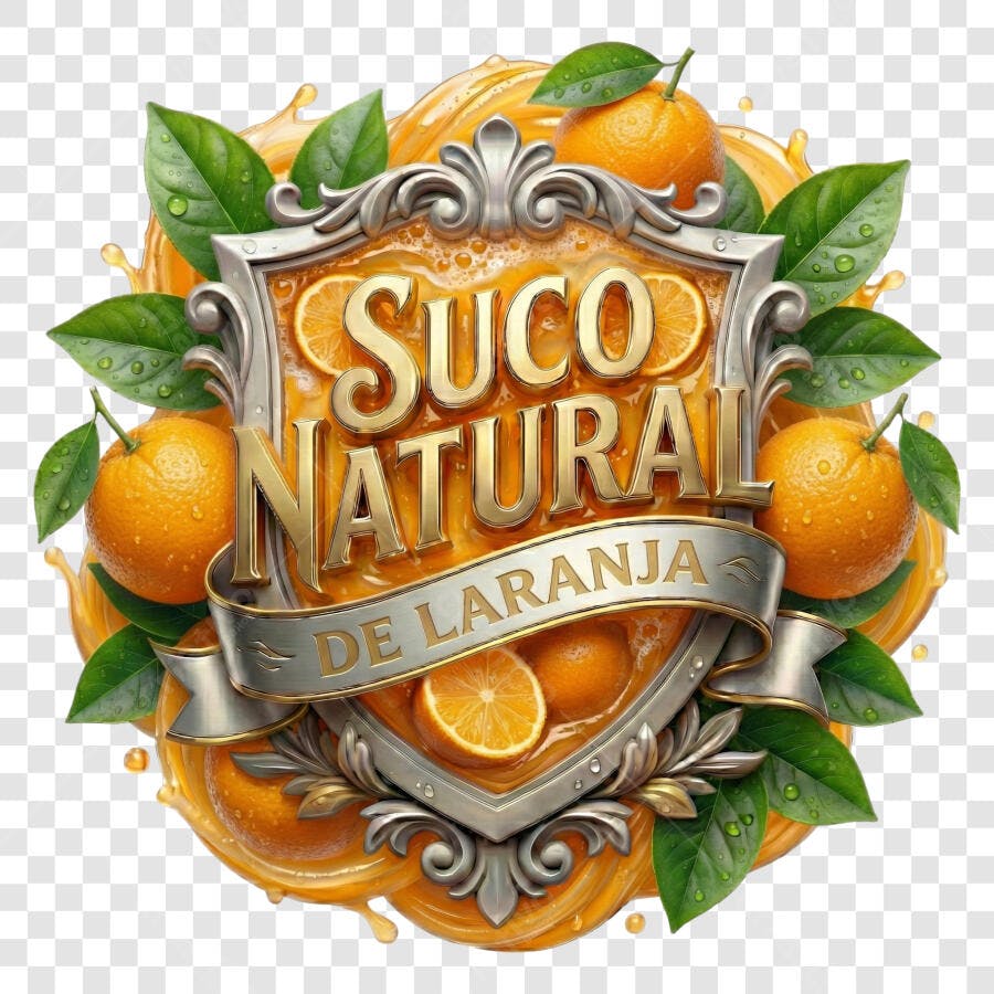 Selo 3D Suco Natural Laranja Metalizado Prata Dourado PNG Transparente