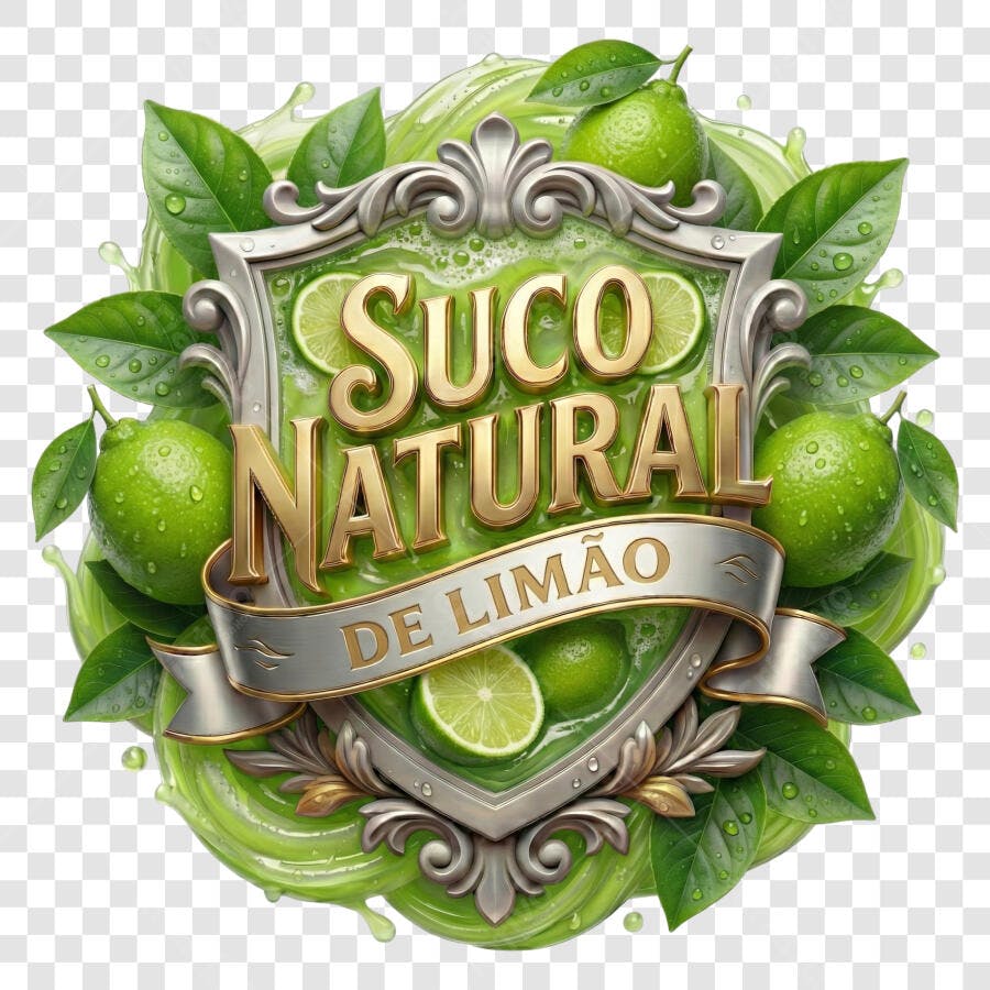 Selo 3D Suco Natural de Limão Escudo Dourado Prateado PNG