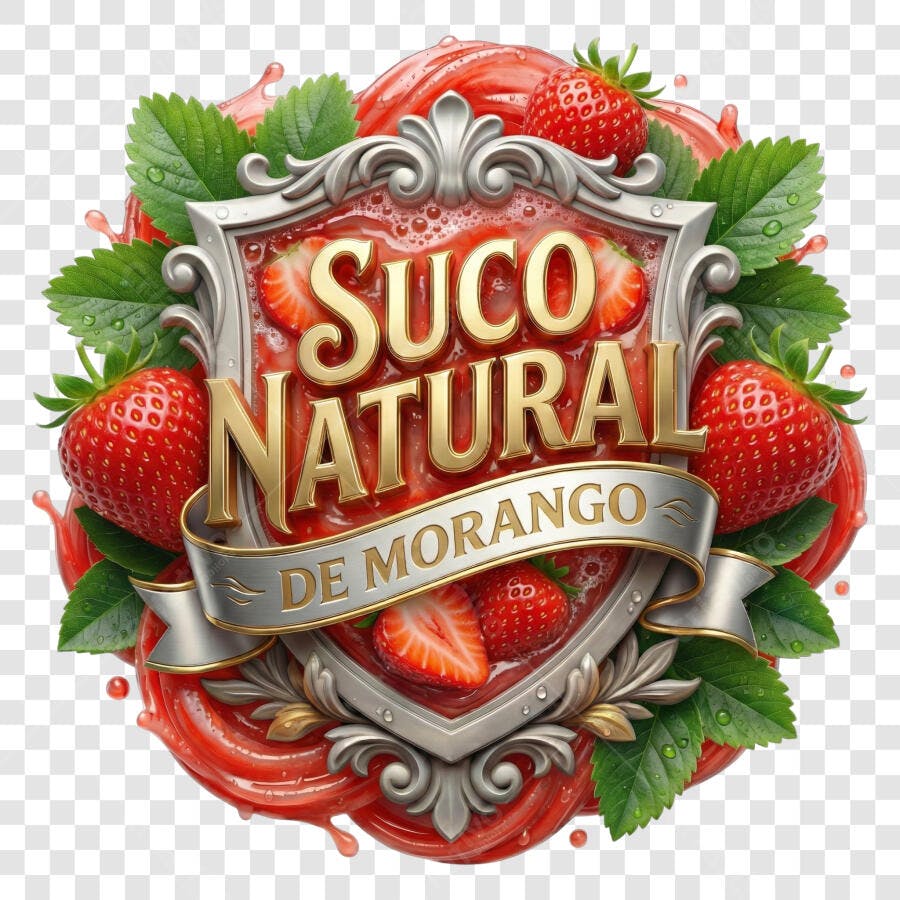 Selo 3D Suco Natural Morango Escudo Dourado Prata PNG Transparente