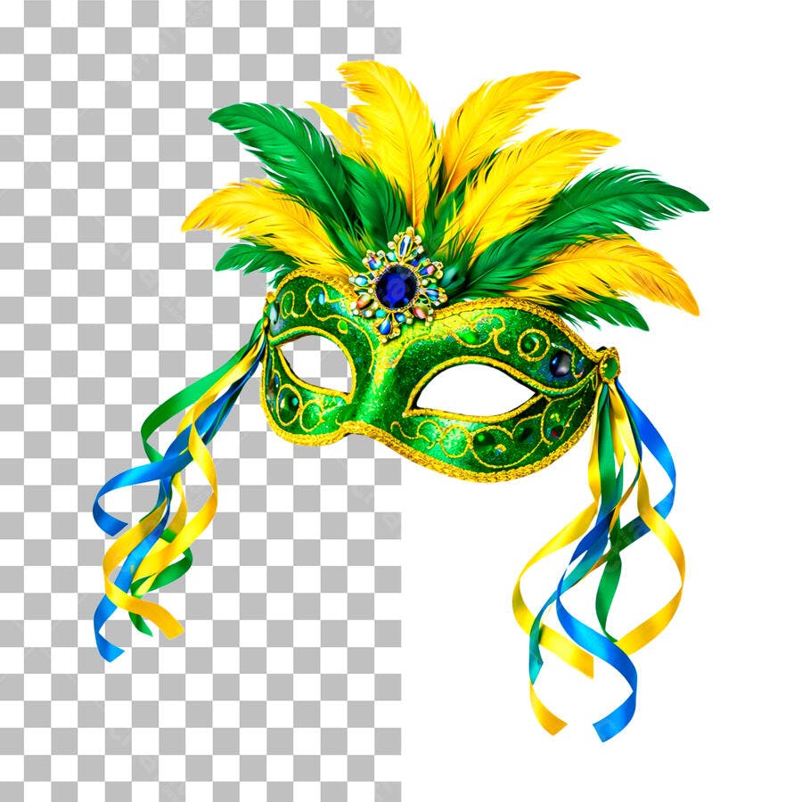 Elemento 3D Máscara Carnaval Verde Penas Amarelas PNG Fundo Transparente