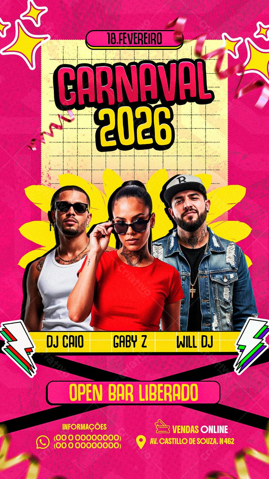 Flyer Carnaval 2026 Fevereiro Festa Balada PSD Editável