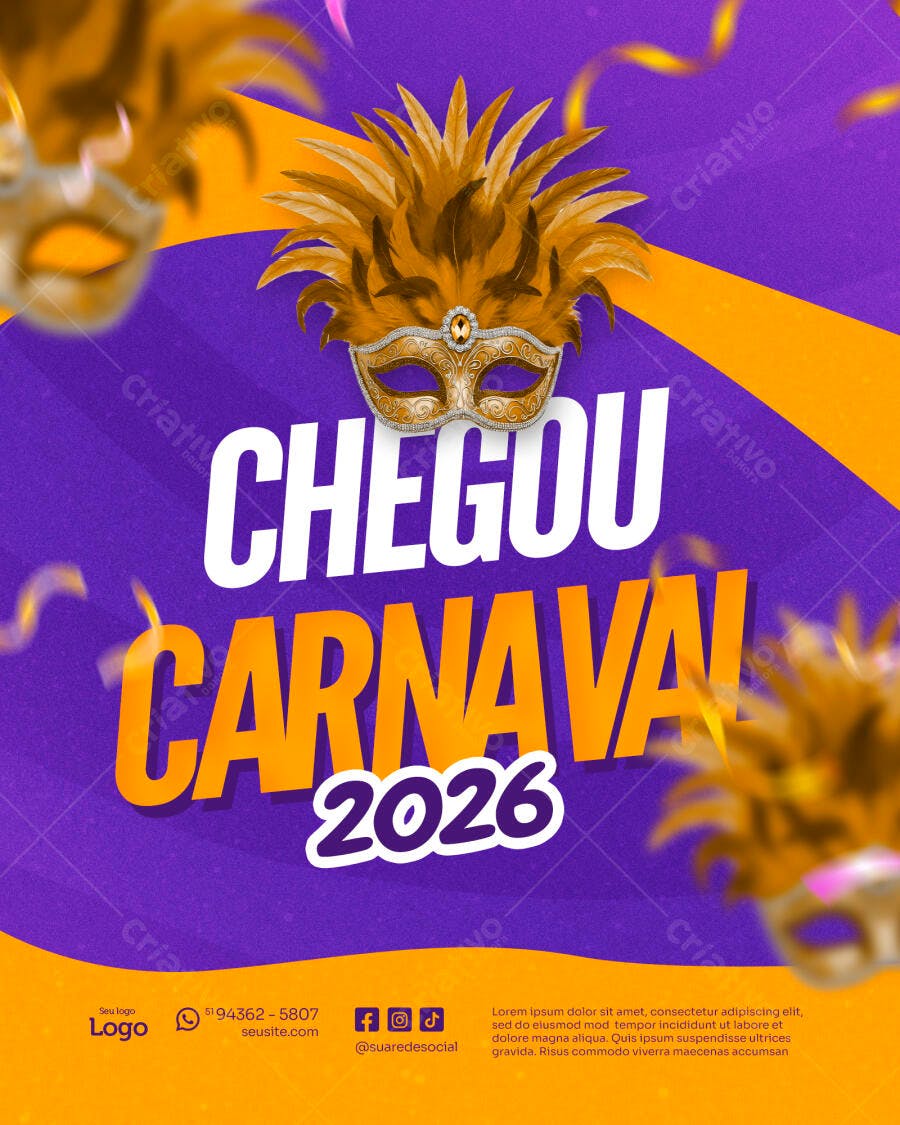 Flyer Carnaval 2026 Máscara Roxa Laranja PSD Editável