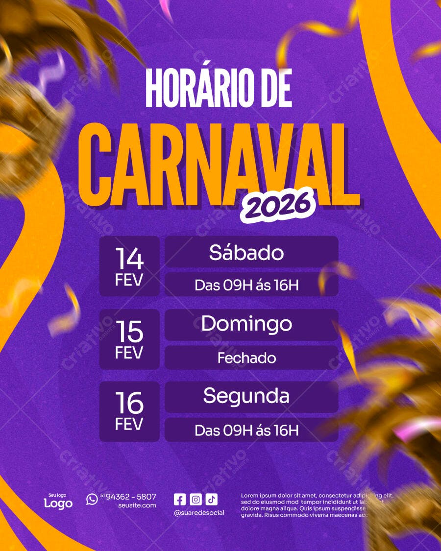 Post Instagram Horário Carnaval 2026 PSD Editável