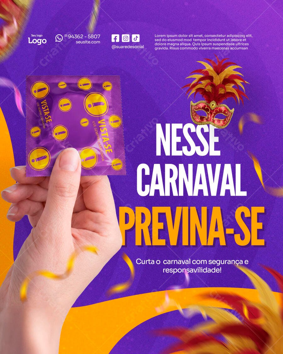 Post Instagram Carnaval Prevenção Saúde PSD Editável