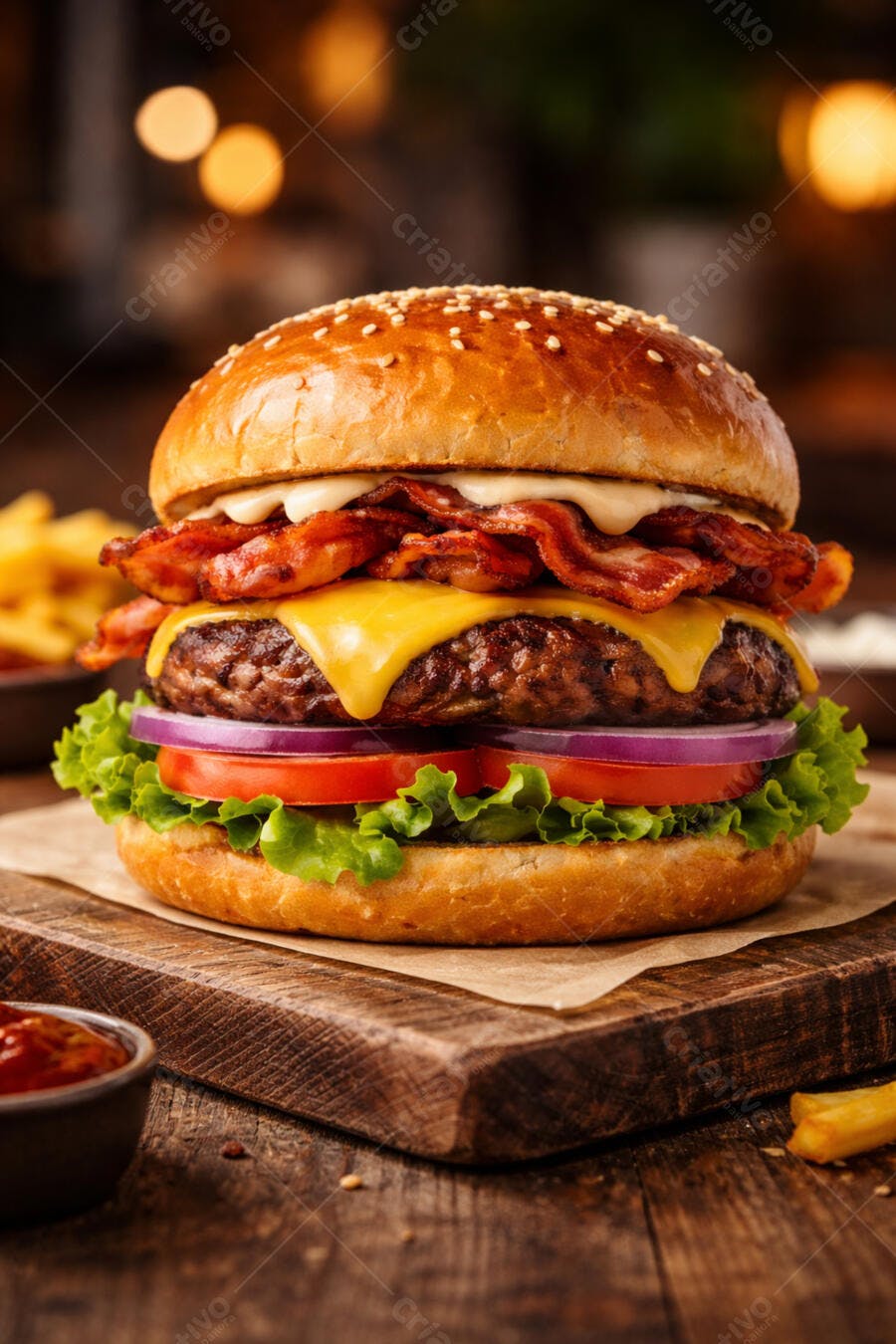 Foto Hambúrguer Artesanal Bacon Queijo Cheddar Batata Frita