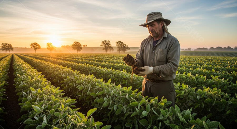 Foto Agricultor Analisando Terra Plantação Soja Pôr do Sol
