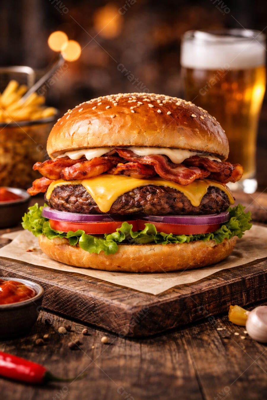 Foto Hambúrguer Artesanal Bacon Queijo Cheddar Batata Frita