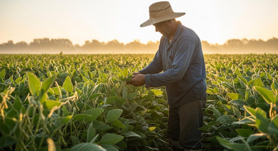 Foto Agricultor Homem Campo Verificando Plantação Soja