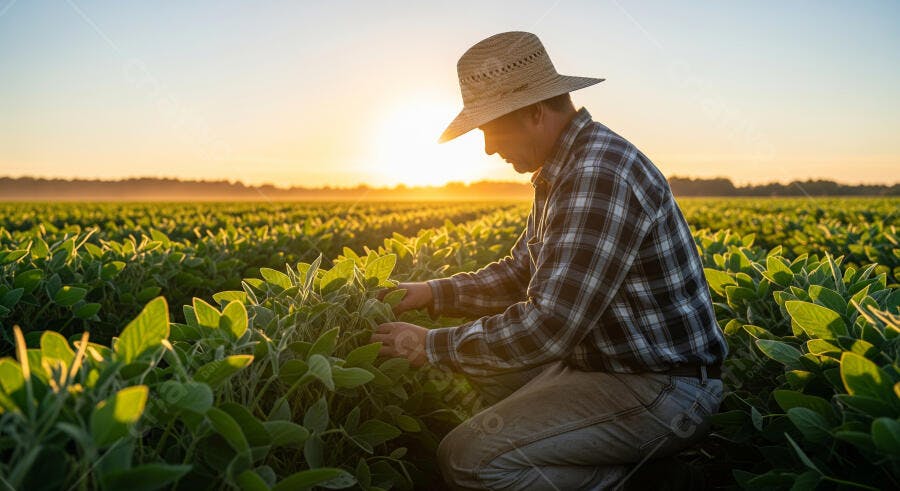 Foto Agricultor Analisando Plantação Soja Pôr do Sol Campo