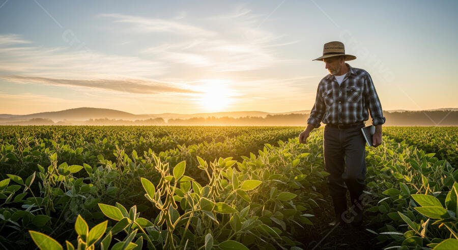 Foto Agricultor Caminhando Plantação Soja Pôr do Sol Dourado