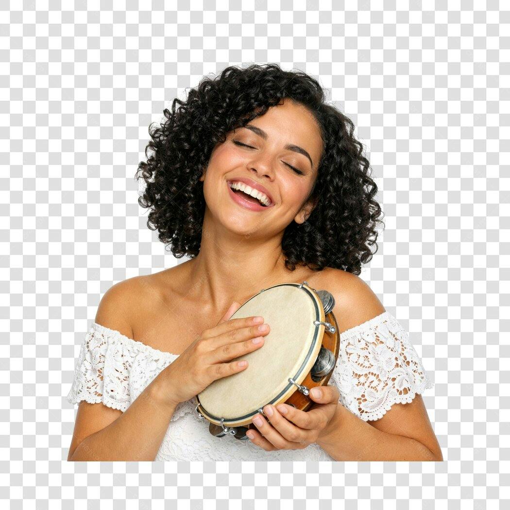 Foto Recortada Mulher Tocando Pandeiro Sorrindo PNG Fundo Transparente