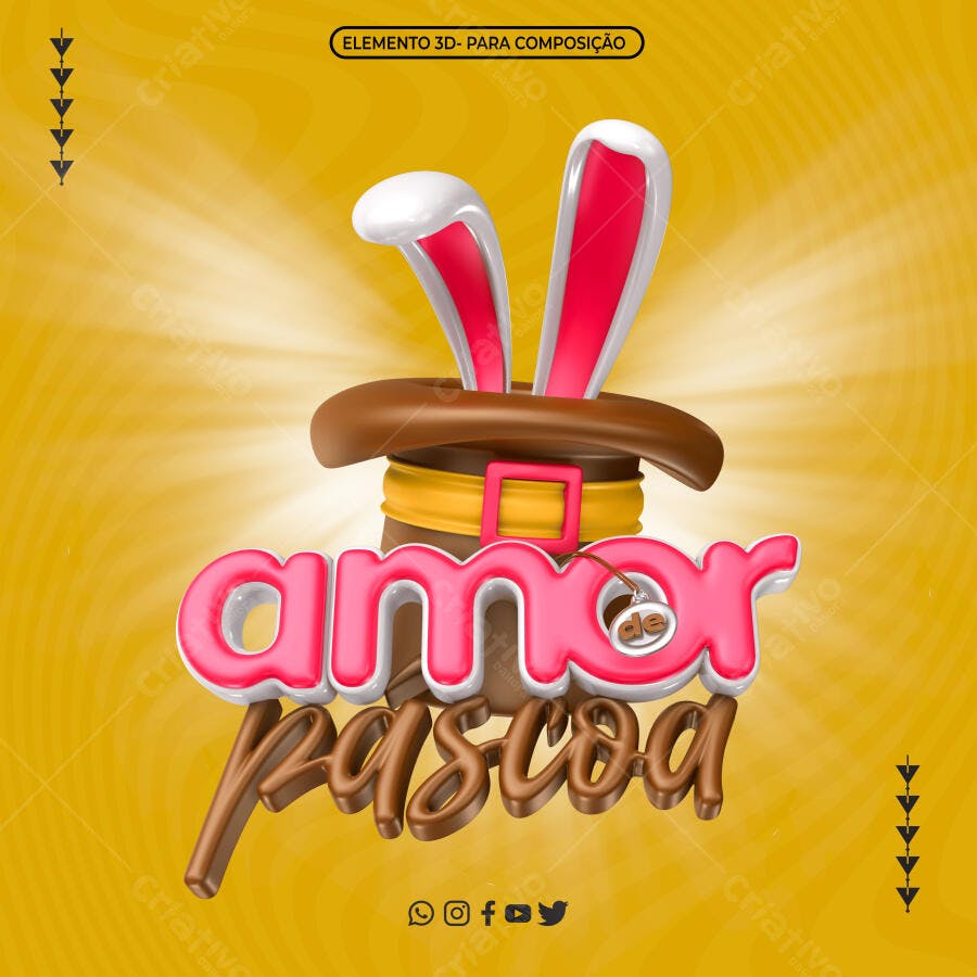 Elemento 3D Amor Páscoa com Orelhas de Coelho PNG