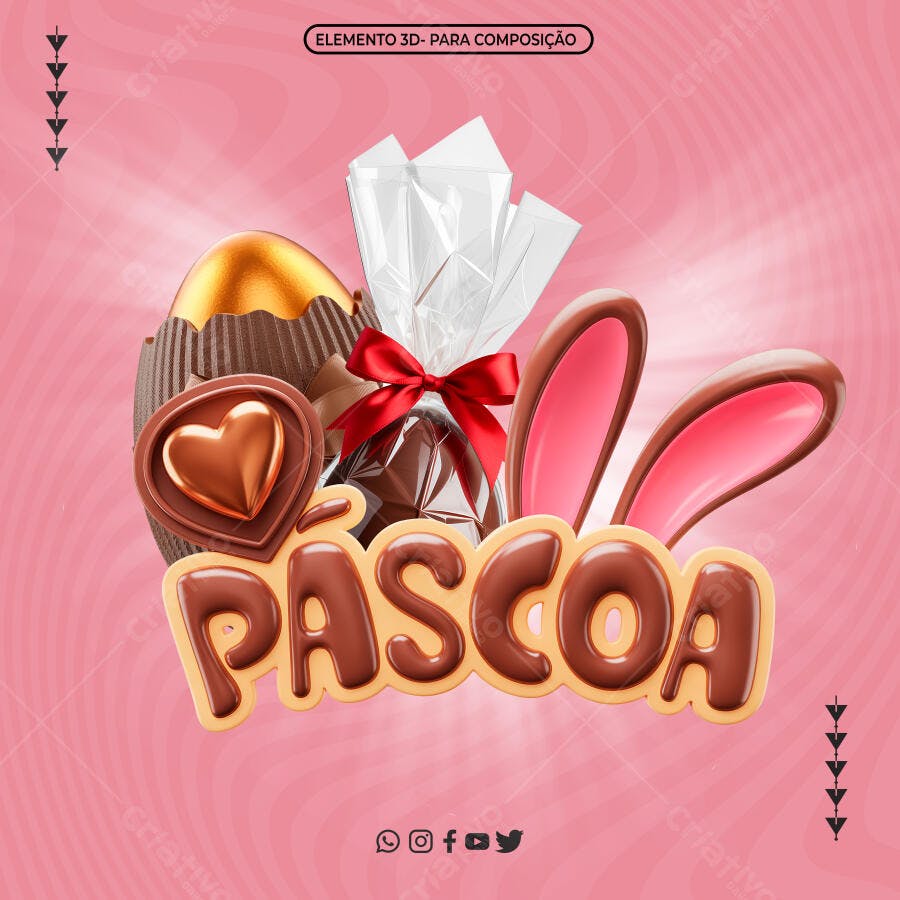 Selo 3D Páscoa Chocolate Ouro Rosa PNG Fundo Transparente
