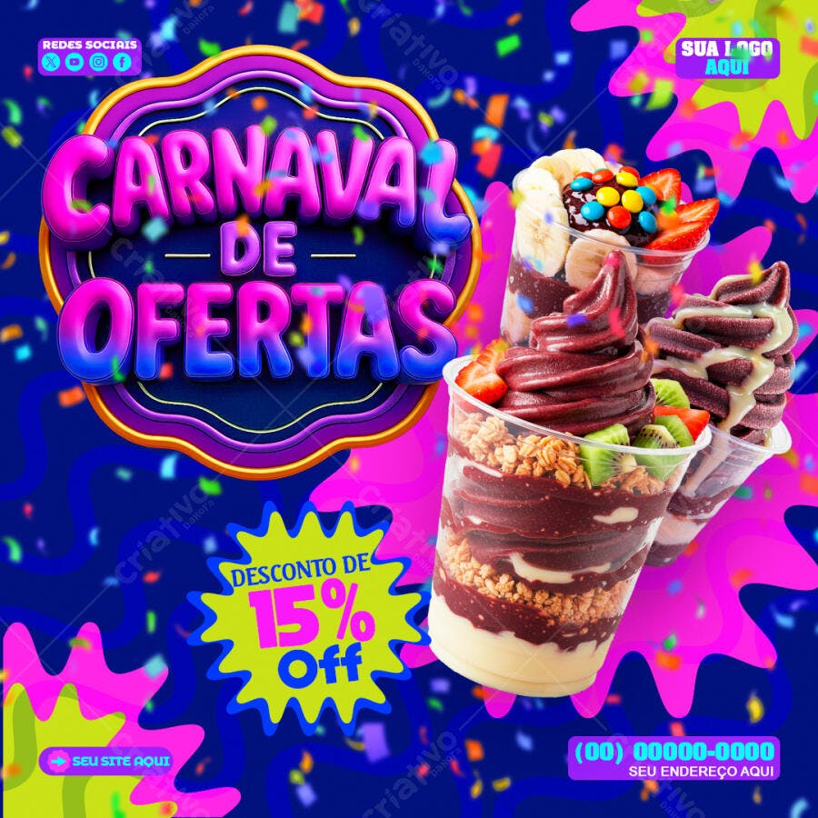 Carnaval de Ofertas Açaí Sorveteria PSD Editável