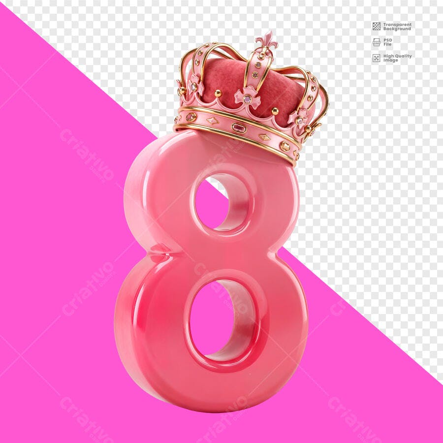 Número 8 Rosa com Coroa Dourada PSD Editável