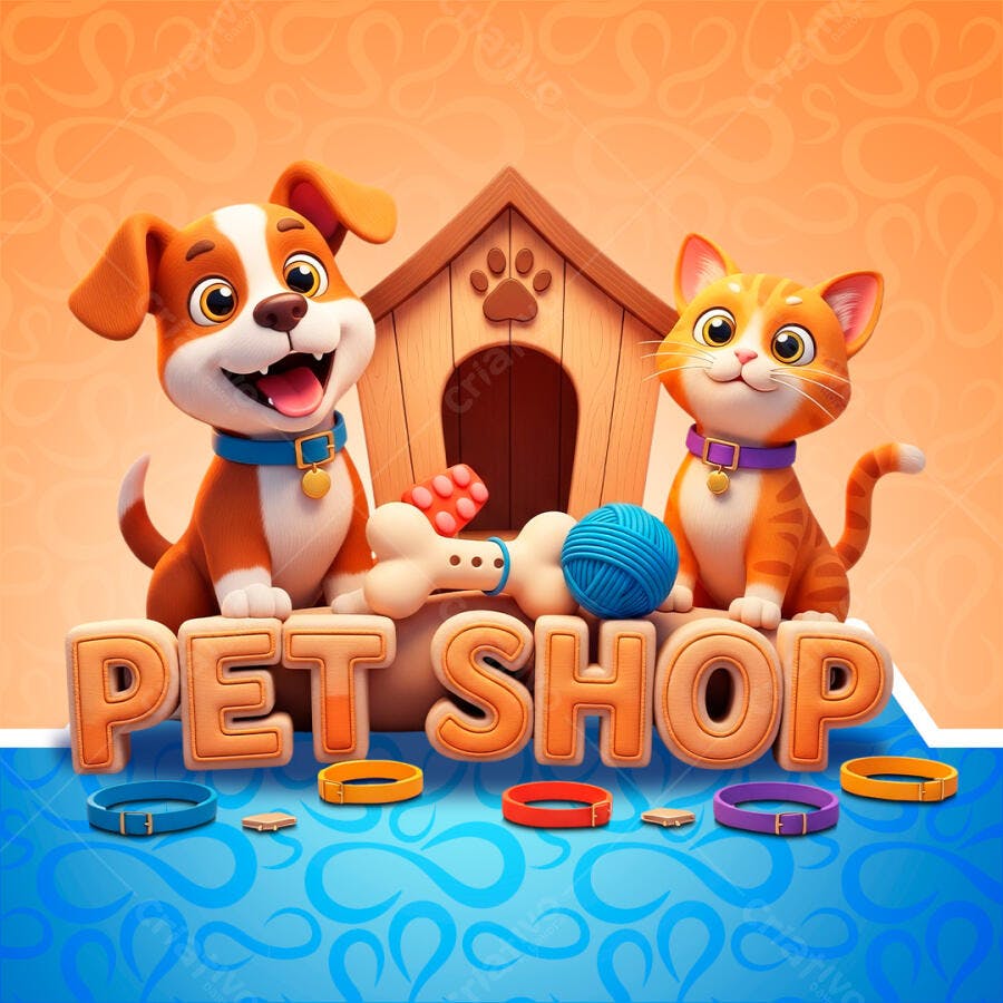 Logo Pet Shop Cachorro Gato 3D com Casinha e Coleiras