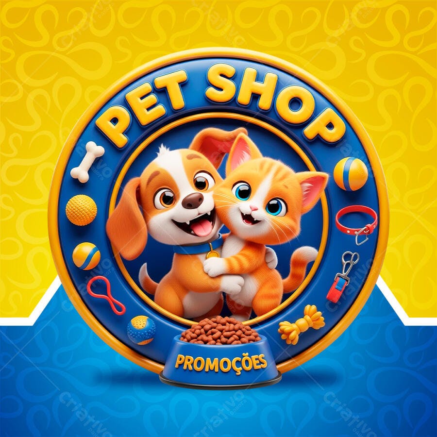 Selo 3D Pet Shop Cachorro Gato Promoções Azul Amarelo