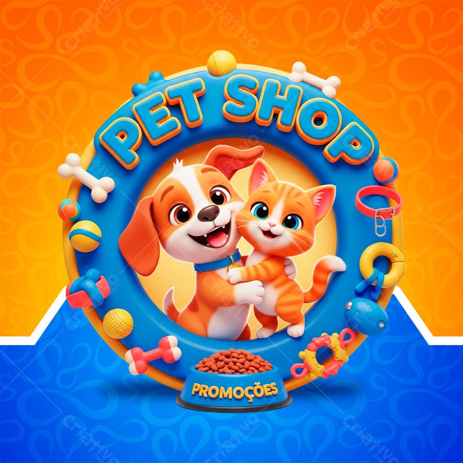 Selo 3D Pet Shop Cachorro Gato Promoções Azul Laranja PNG