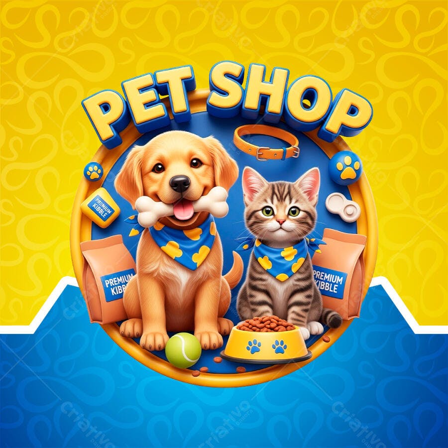 Logo Pet Shop Cachorro e Gato 3D Cartoon Fundo Transparente