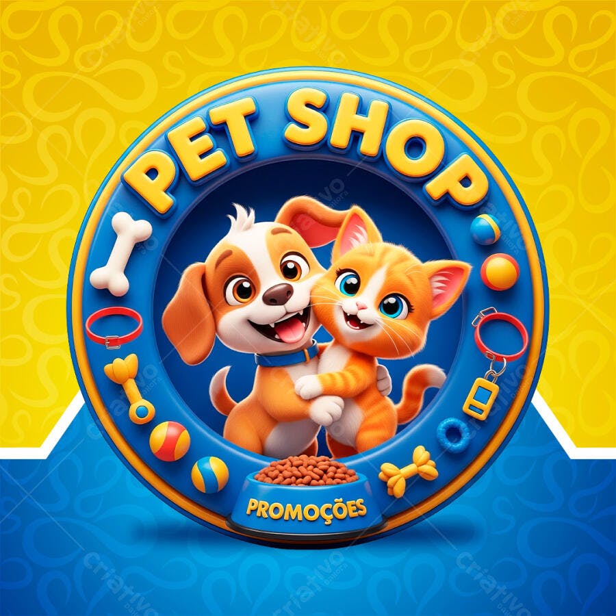 Selo Cartoon Pet Shop Cachorro Gato Azul Amarelo PNG Transparente