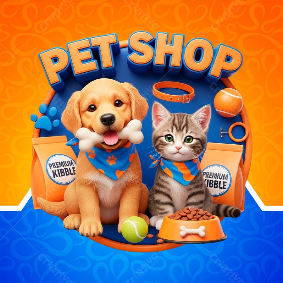 Selo 3D Pet Shop Cachorro Gato Comida Azul Laranja PNG