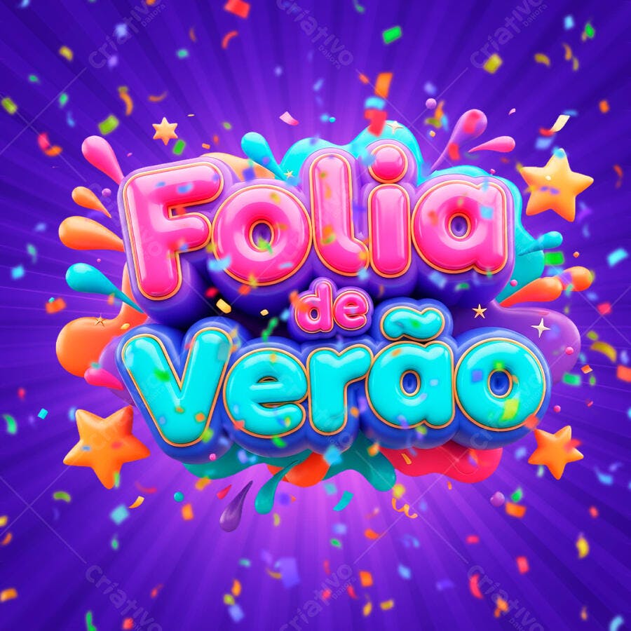 Folia de Verão Título 3D Colorido Fundo Roxo Confetes