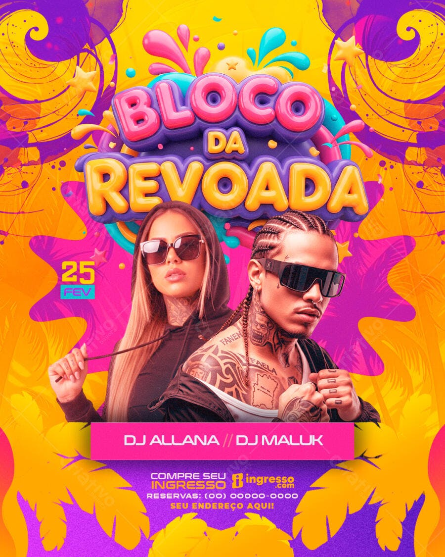 Flyer Bloco da Revoada Carnaval Fevereiro PSD Editável