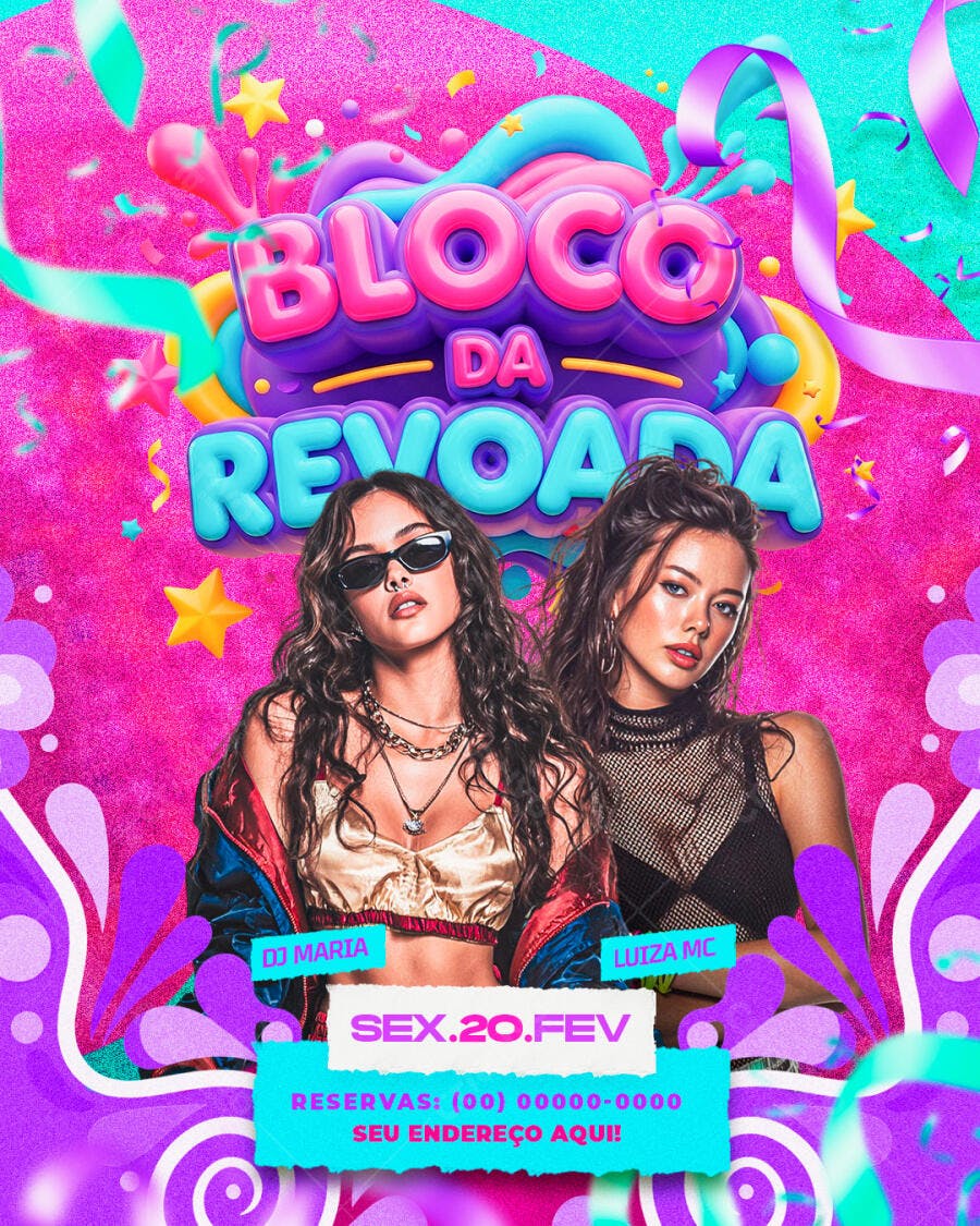 Flyer Bloco da Revoada Carnaval Fevereiro PSD Editável