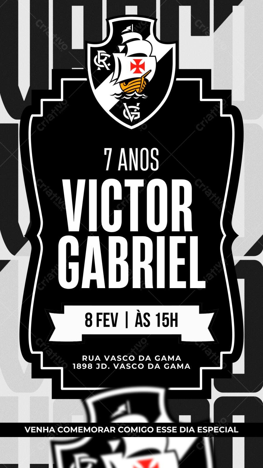 Convite Aniversário Vasco da Gama 7 Anos Editável