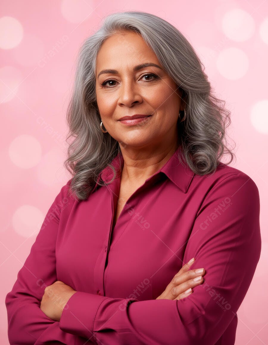 Foto Mulher Madura Sorrindo Braços Cruzados Fundo Rosa Bokeh