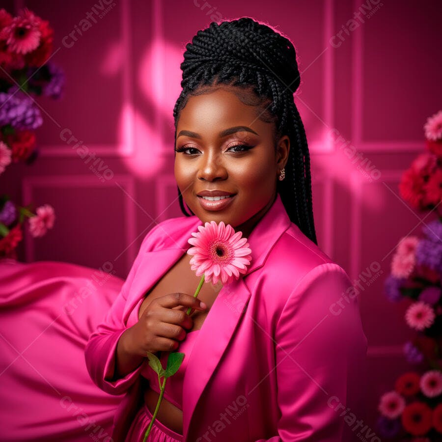 Foto Mulher Negra Sorrindo Segurando Flor Rosa Fundo Pink Estúdio